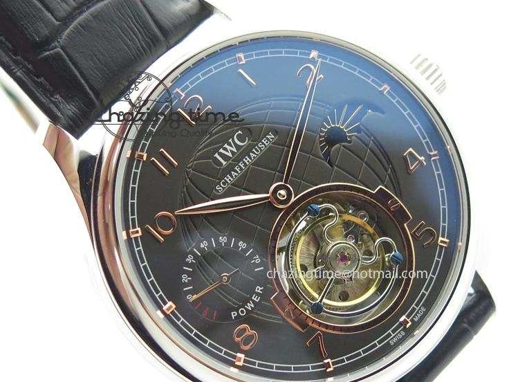 MIROTIME 0204 Portuguese Tourbillon Power Reserve Moonphase SS Black Dial Gold Numbers On Black Leather Strap RelaxedFit 7320